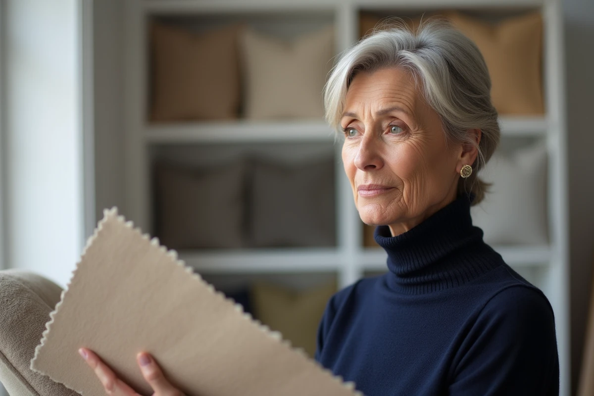 Femme élégante d'âge mûr dans studio de design intérieur, profil discret montrant visage raffiné et naturel