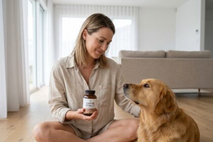 Femme donnant des compléments alimentaires à son chien golden retriever à la maison
