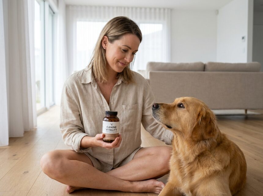 Femme donnant des compléments alimentaires à son chien golden retriever à la maison