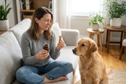 Femme donnant un complément alimentaire naturel à son chien golden retriever dans un salon confortable