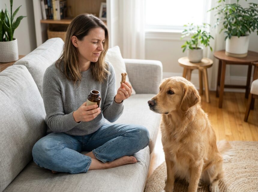 Femme donnant un complément alimentaire naturel à son chien golden retriever dans un salon confortable