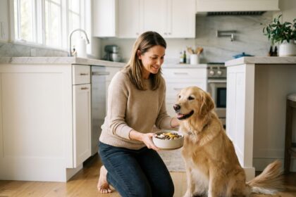 Femme adulte donnant des suppléments alimentaires à son chien golden retriever dans une cuisine moderne et lumineuse