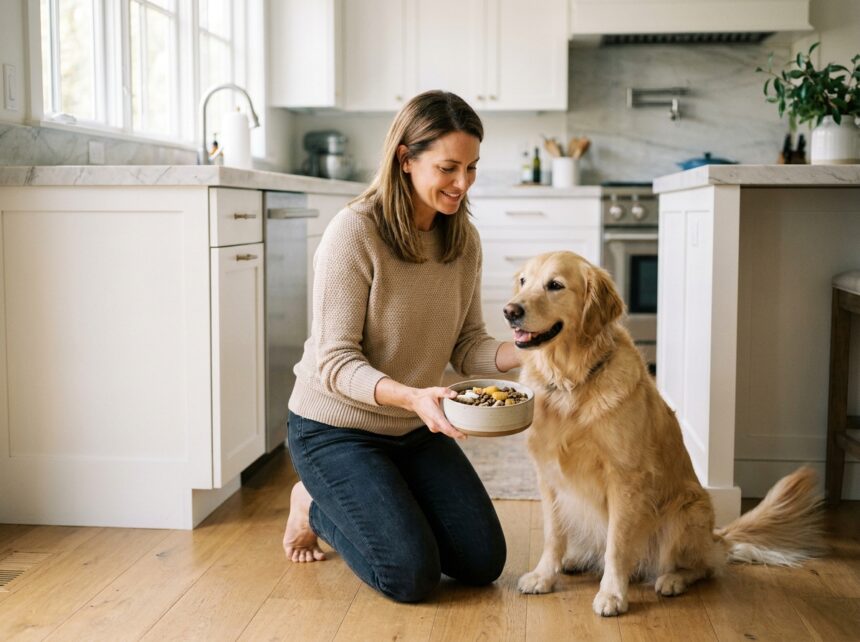 Femme adulte donnant des suppléments alimentaires à son chien golden retriever dans une cuisine moderne et lumineuse