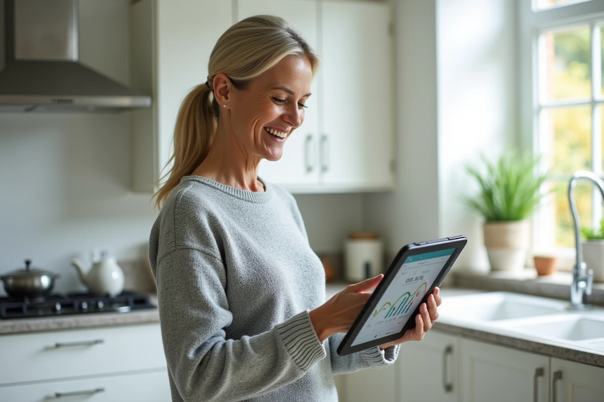 Femme consultant les données de consommation d'énergie solaire de sa maison sur une tablette dans sa cuisine moderne