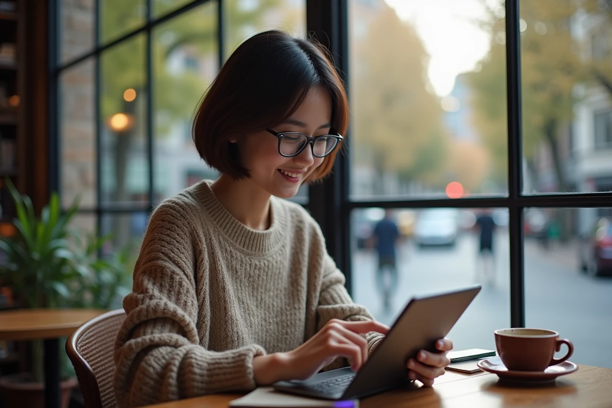 Jeune femme lisant un site de yaoi sur une tablette au café