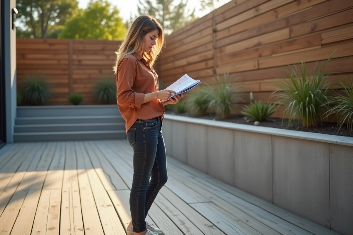 Femme examinant les plans de pose d'une terrasse composite fraîchement installée dans un jardin moderne