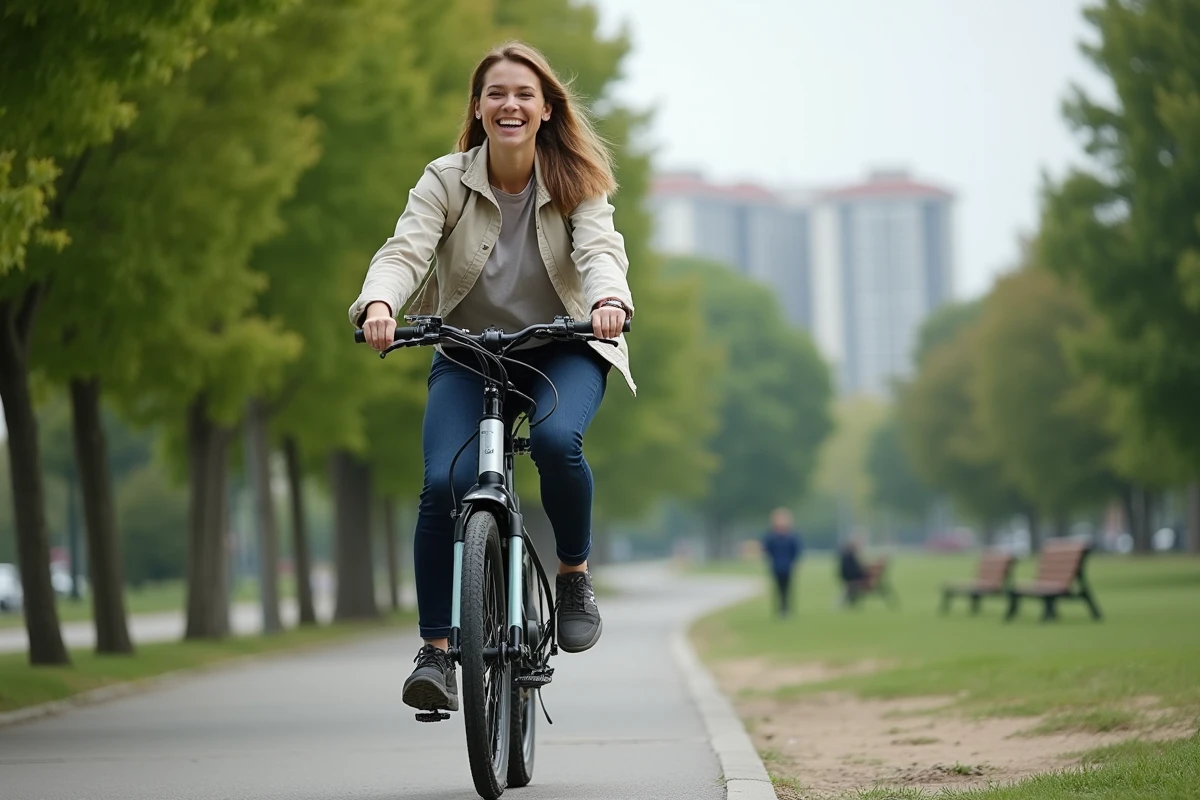 femme testant un vélo électrique dans un parc, posture équilibrée et expression confiante