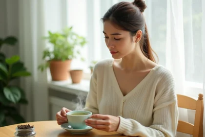 femme calme buvant une tasse de thé vert chaud près d'une fenêtre ensoleillée avec plantes, lifestyle santé bien-être