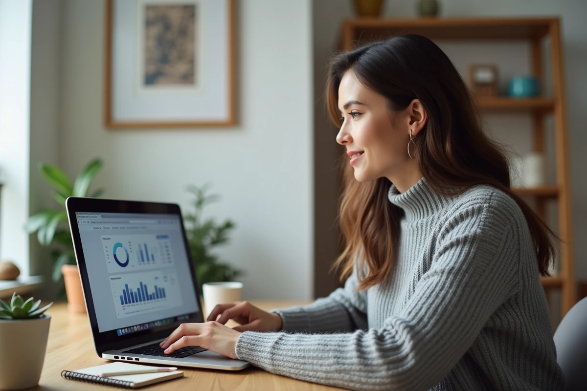 Femme travaillant sur son ordinateur portable depuis son bureau à domicile pour gagner de l'argent sur internet
