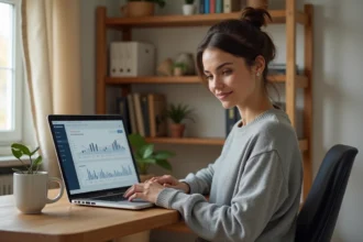 Femme travaillant sur son ordinateur portable depuis son bureau à domicile pour gagner de l'argent sur internet