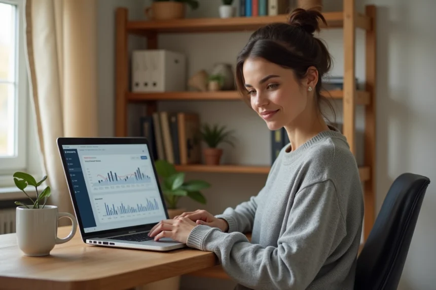 Femme travaillant sur son ordinateur portable depuis son bureau à domicile pour gagner de l'argent sur internet