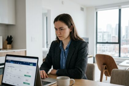 Jeune femme au bureau regardant son ordinateur portable