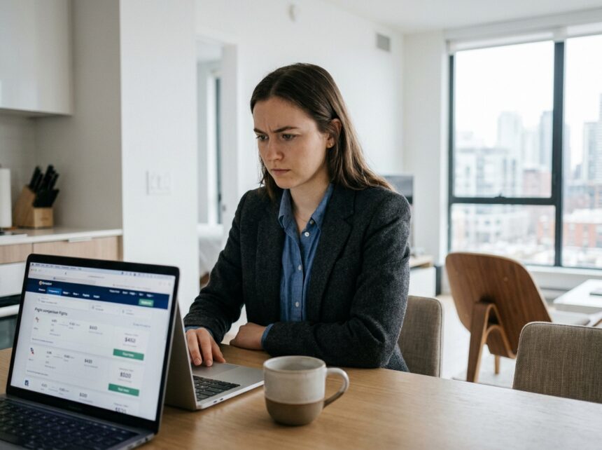 Jeune femme au bureau regardant son ordinateur portable