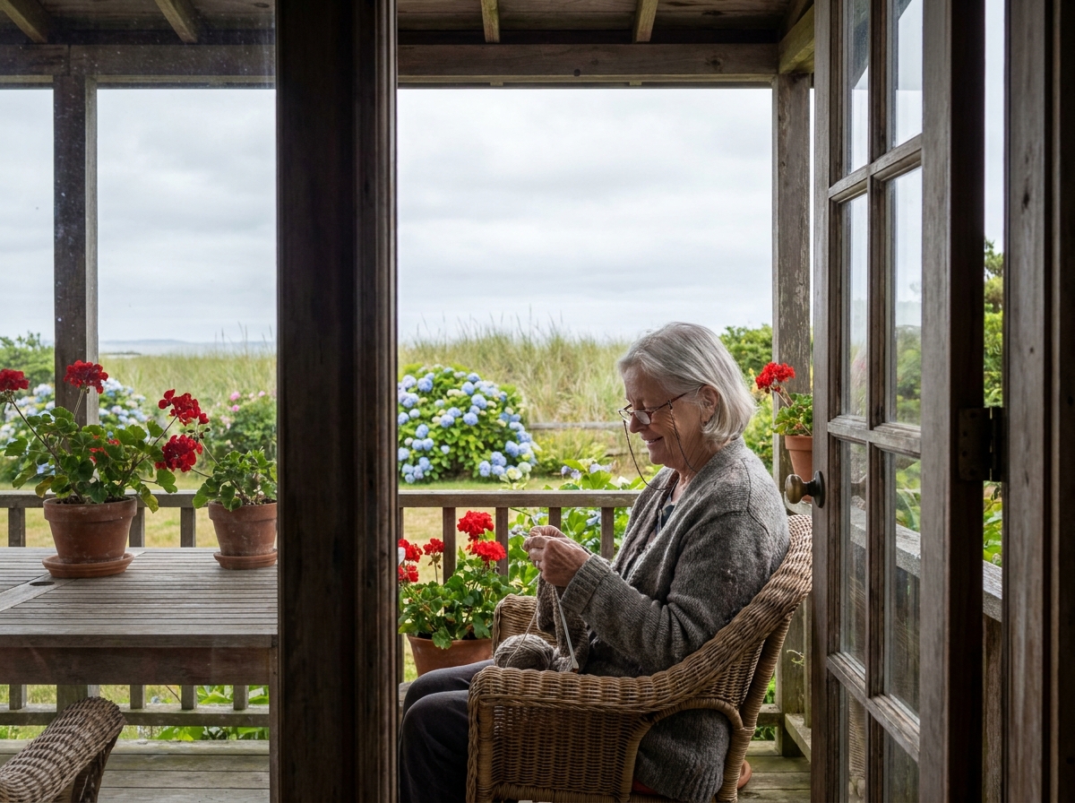 Femme âgée tricotant sur la véranda de sa maison familiale à Saint-Malo, moment de détente en week-end