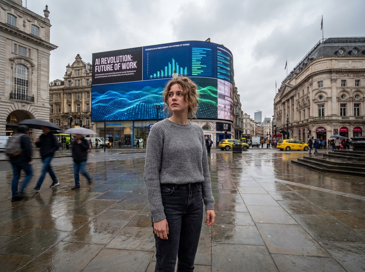 Jeune femme européenne sur une rue animée regardant un écran d