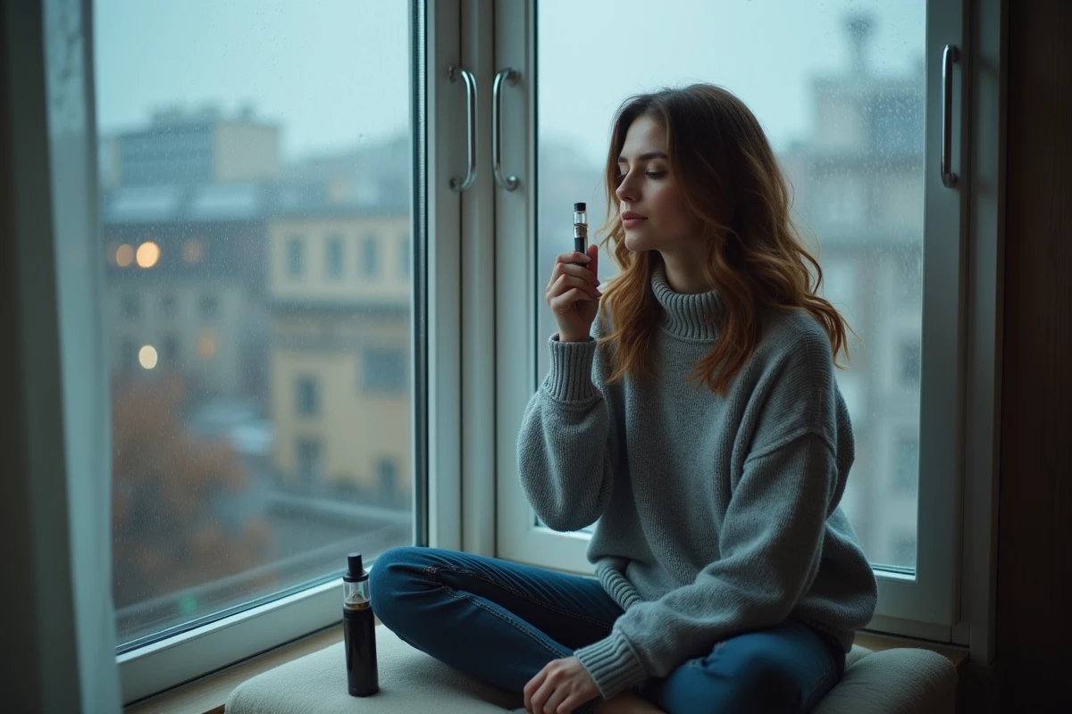 Femme tenant un vaporisateur slim près d'une fenêtre pluvieuse dans un appartement cosy, aux côtés d'un flacon d'e-liquide premium, illustrant un moment de détente quotidienne avec la vape