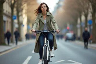 Femme de 35 ans en manteau olive roulant sur un vélo électrique urbain argenté dans une avenue parisienne bordée d'arbres