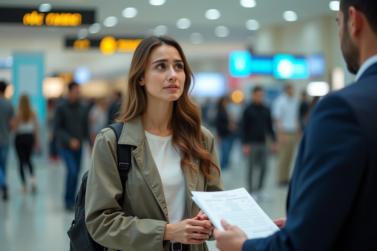 Femme voyageur aux comptoirs d'enregistrement de l'aéroport de Dubai vérifiant ses informations de vol