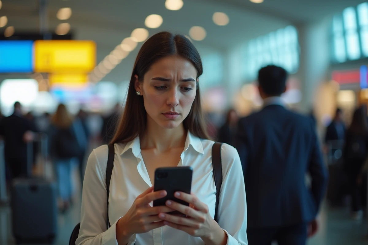 Jeune femme consultant sa confirmation de vol à l'aéroport de Dubaï pour s'assurer qu'il n'y a pas d'erreur dans sa réservation Emirates