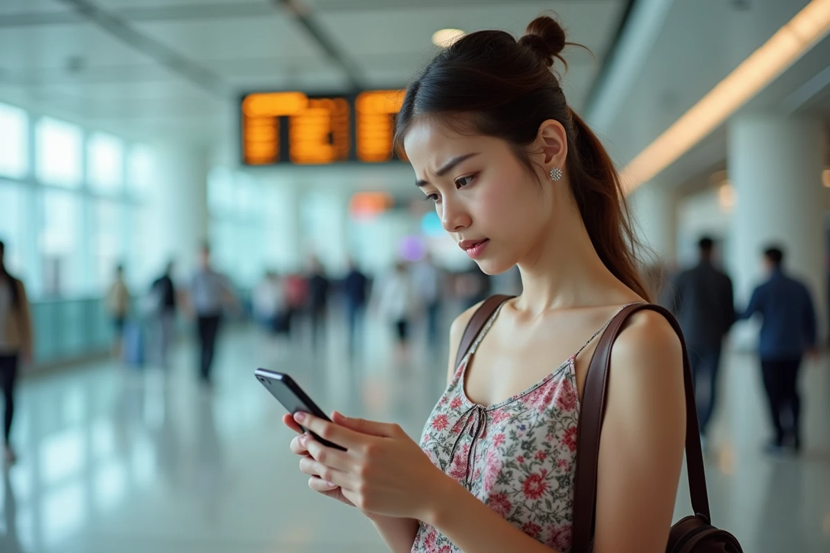 Femme consultant son téléphone à l'aéroport pour vérifier sa réservation Emirates