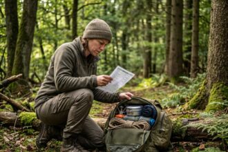 Femme en randonnée examinant son sac à dos rempli d'équipement de camping en forêt