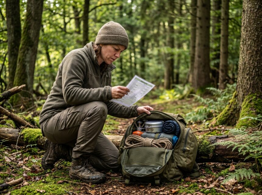 Femme en randonnée examinant son sac à dos rempli d'équipement de camping en forêt