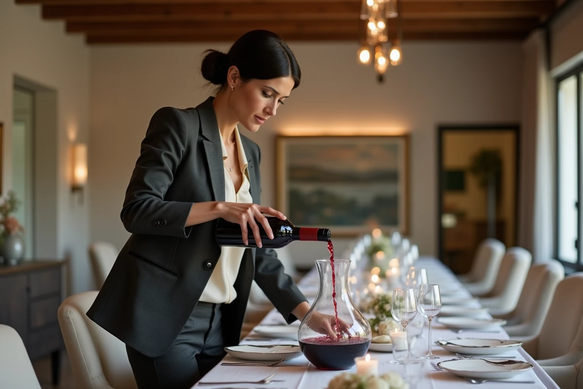 Femme versant un vin de Bordeaux dans un décanteur lors d'un repas en table élégante et épurée