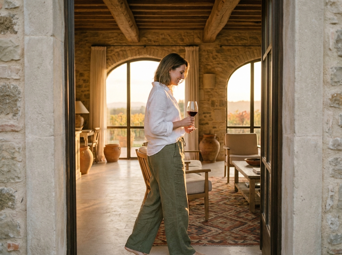 Femme savourant le confort d'une villa traditionnelle ibizenne avec architecture authentique et vue panoramique