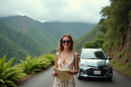 Femme souriante à côté d'une voiture de location sur une route sinueuse à La Réunion avec vue sur la végétation volcanique