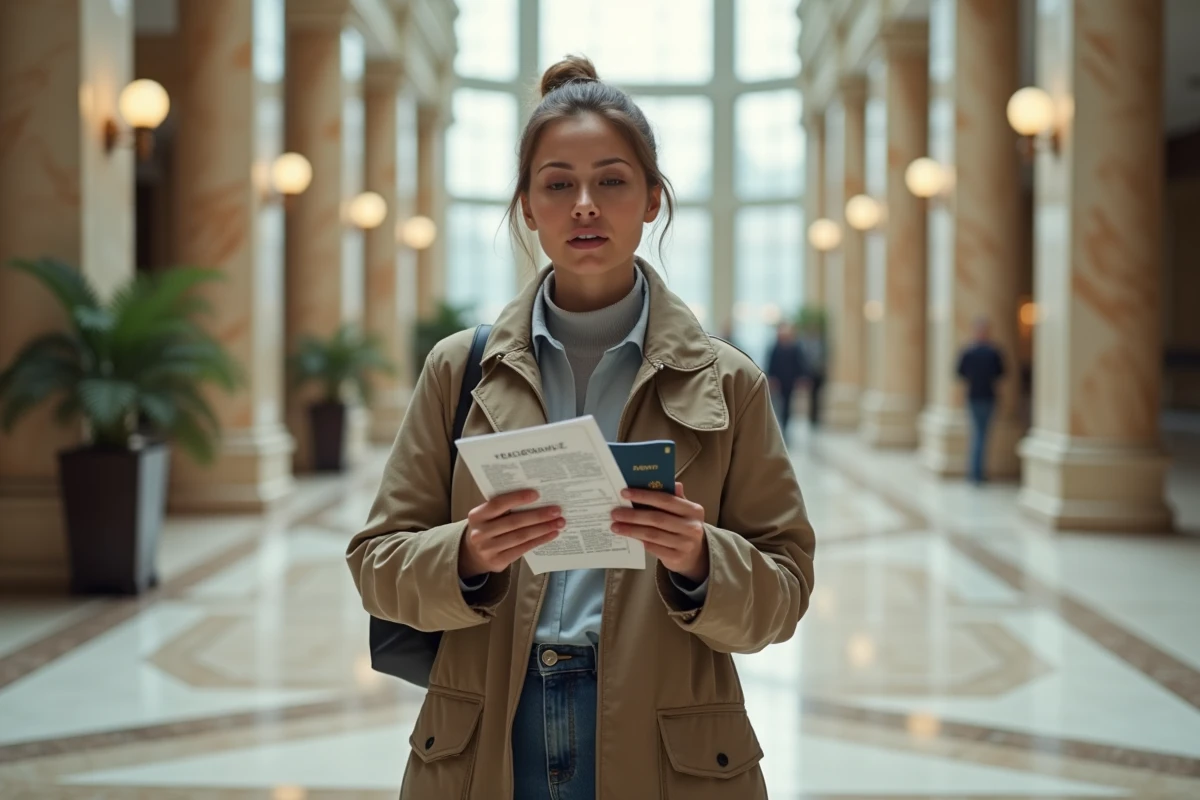 Femme voyageur seule consultant des documents importants dans un hall d'hôtel de luxe à Dubaï, guide de voyage à la main