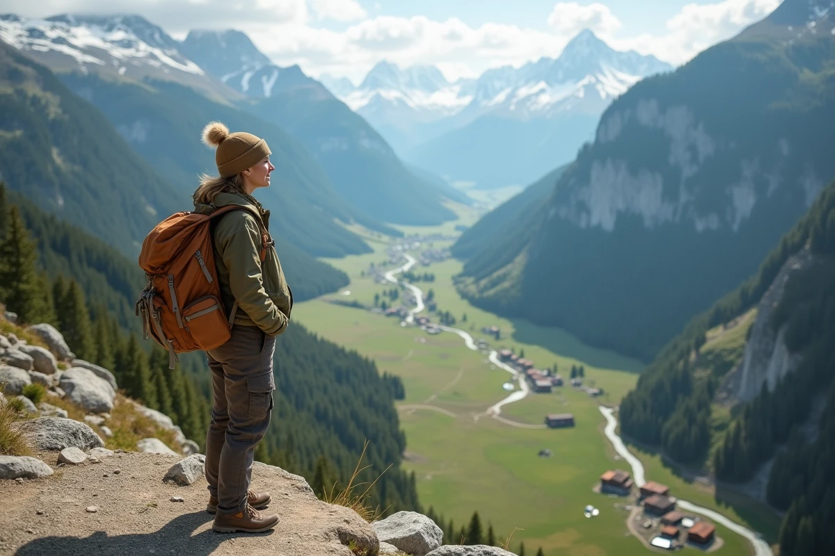 Voyageuse observant une vallée de montagne vierge depuis un point de vue rocheux avec panorama d'alpages et de sommets enneigés