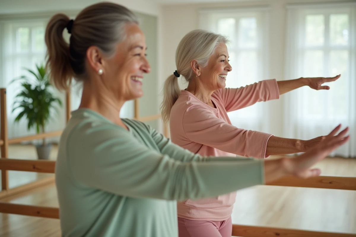 Deux femmes actives de plus de 50 ans pratiquant le Pilates ensemble en cours collectif dans un studio lumineux et moderne