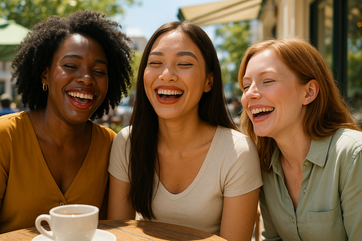 Groupe de trois femmes riant au café en plein air