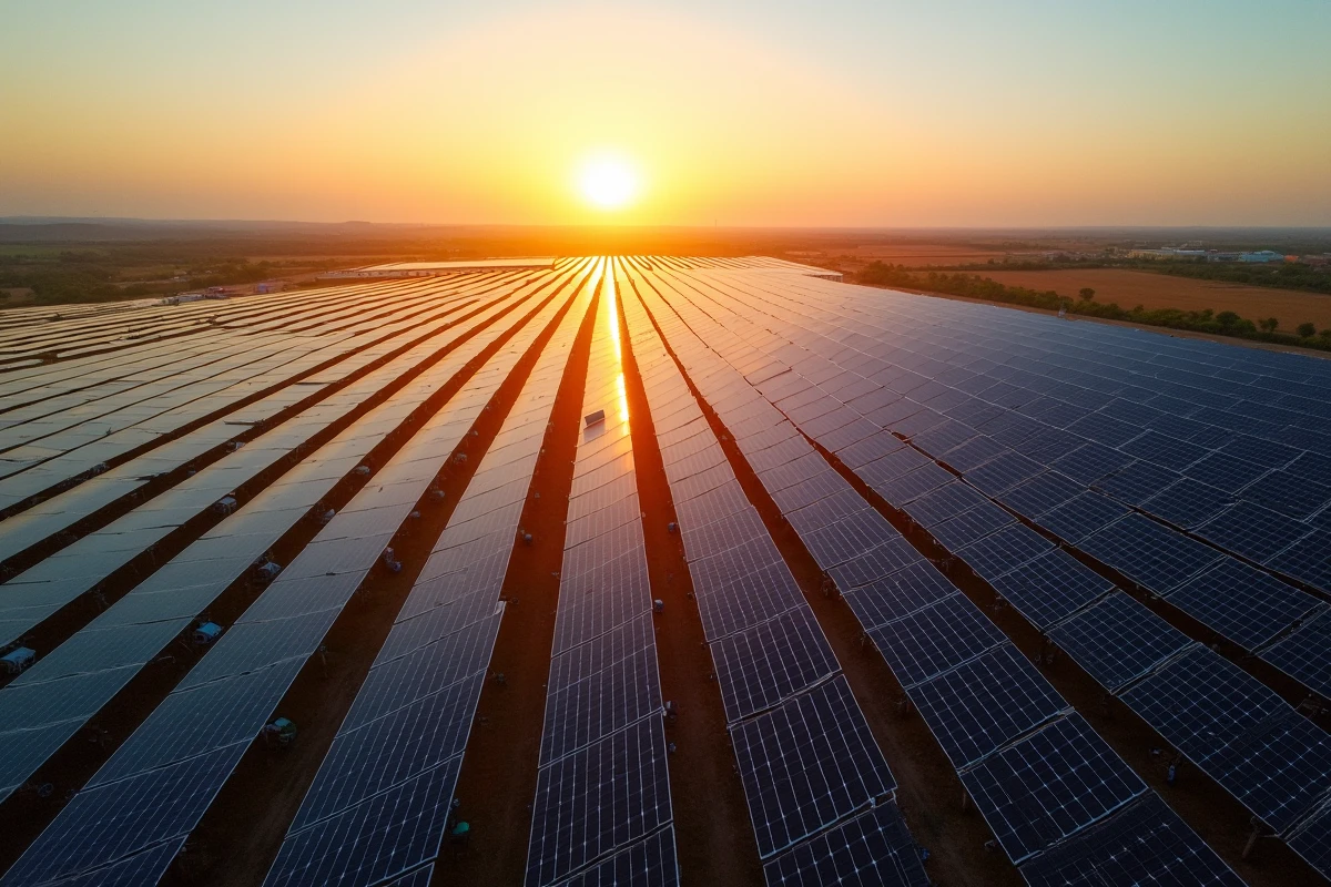 Vue aérienne d'une ferme solaire massive avec des centaines de panneaux photovoltaïques rangés en lignes pour la production d'énergie renouvelable