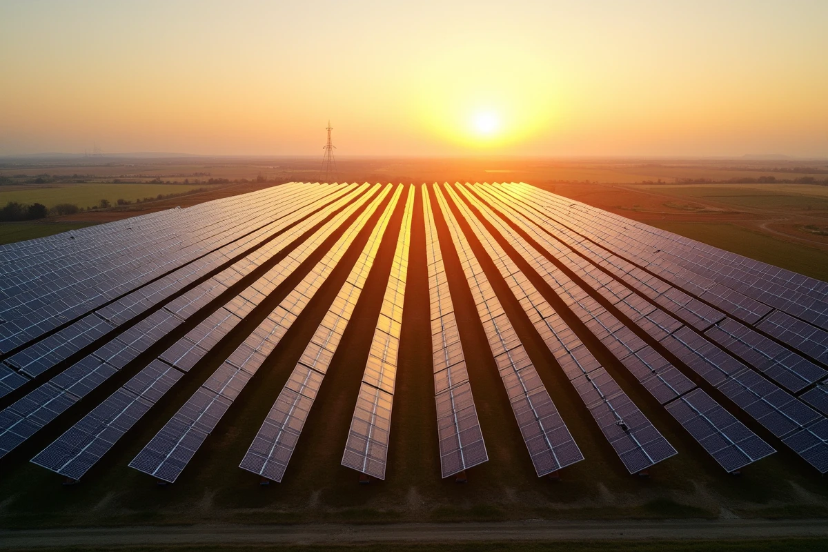 Ferme solaire à grande échelle avec des rangées de panneaux photovoltaïques sous le soleil couchant