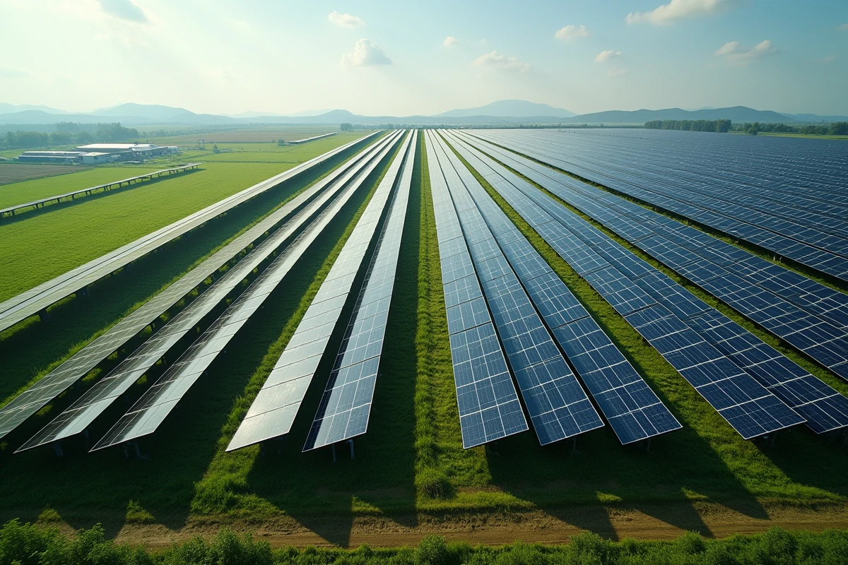 Ferme solaire avec panneaux photovoltaïques en rangées régulières vus d'en haut