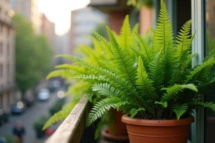 Fougères et hostas en pots sur balcon exposé au nord avec lumière naturelle douce