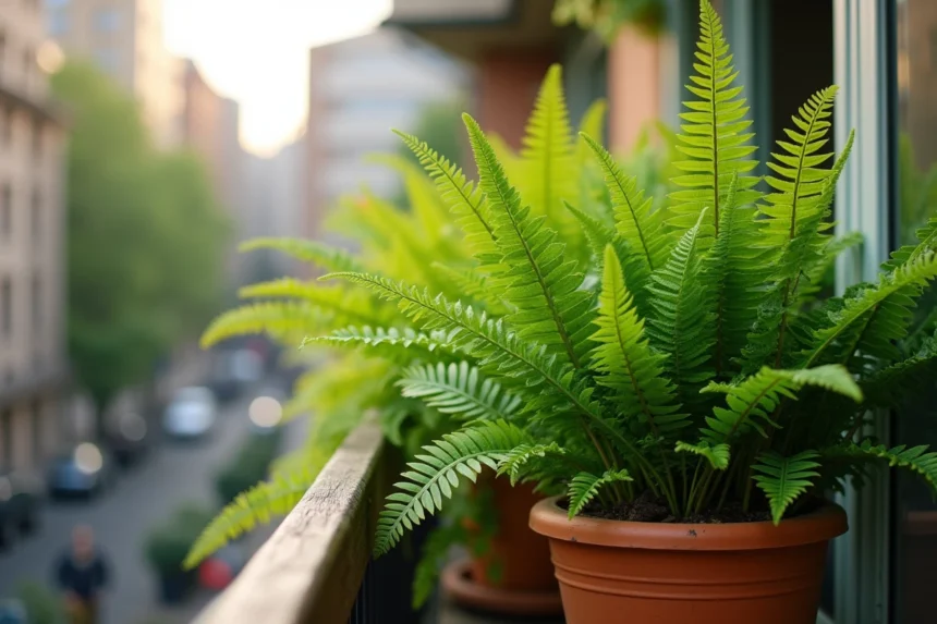 Fougères et hostas en pots sur balcon exposé au nord avec lumière naturelle douce