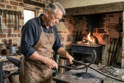 Ferronnier expérimenté travaillant le fer forgé dans son atelier traditionnel dans les Yvelines