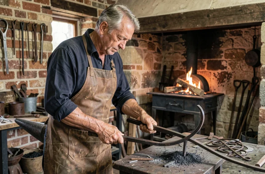 Ferronnier expérimenté travaillant le fer forgé dans son atelier traditionnel dans les Yvelines