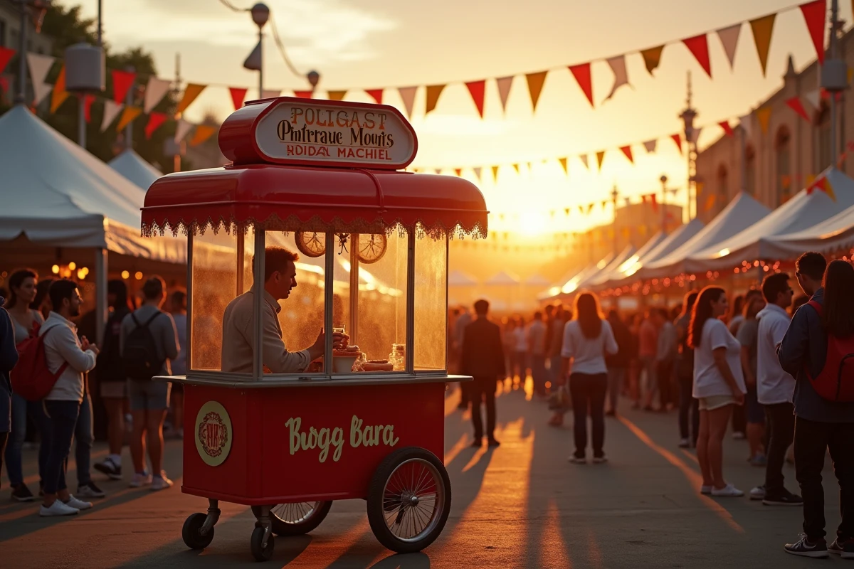 Scène animée d'un événement festif avec machine à hot dog vintage comme élément central