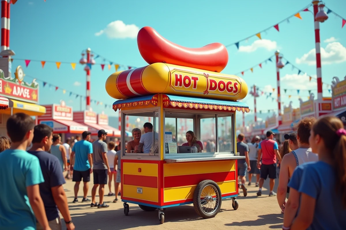Fête foraine avec machine à hot dog comme point focal au milieu d'une foule de visiteurs