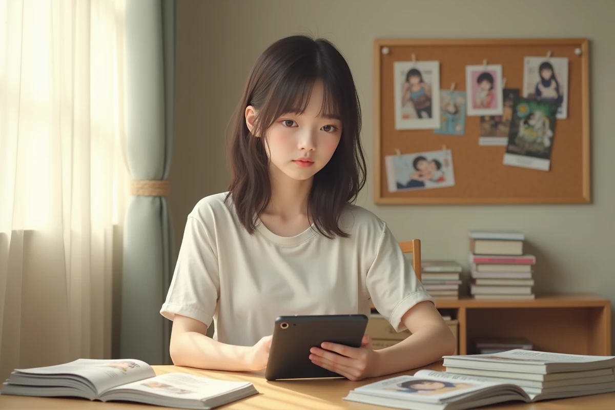 jeune femme lisant un scan yaoi sur sa tablette à son bureau entouré de mangas boys love