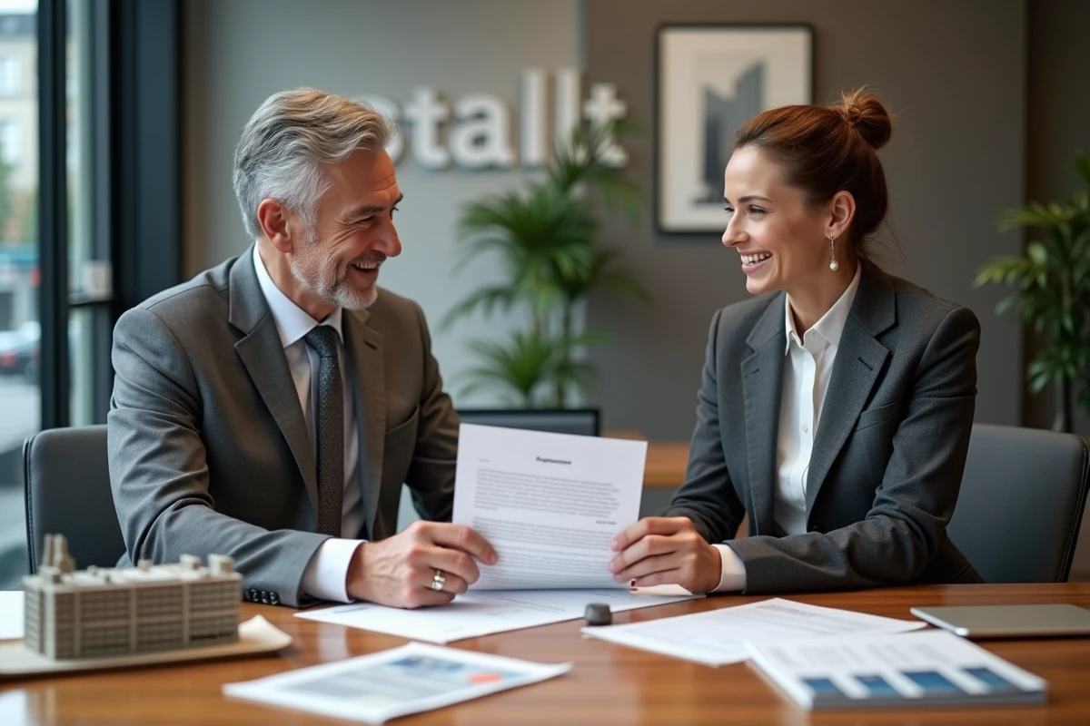 Conseiller bancaire et cheffe d'entreprise examinant un contrat de financement immobilier industriel avec maquette de bâtiment sur le bureau