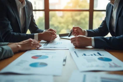 Conseiller financier présentant un portefeuille d'investissement immobilier à des clients