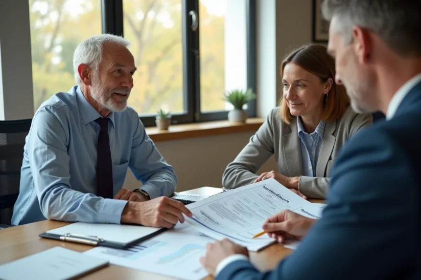 Conseiller financier présentant des documents d'investissement immobilier à un couple dans un bureau moderne