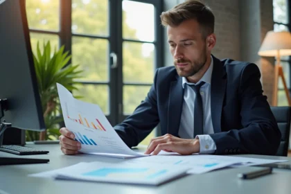 Conseiller financier analysant des documents d'investissement immobilier et des graphiques de performance à son bureau professionnel