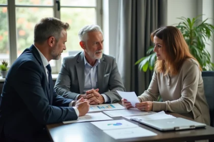 Conseiller financier expliquant les SCPI à un couple d'investisseurs dans un bureau professionnel