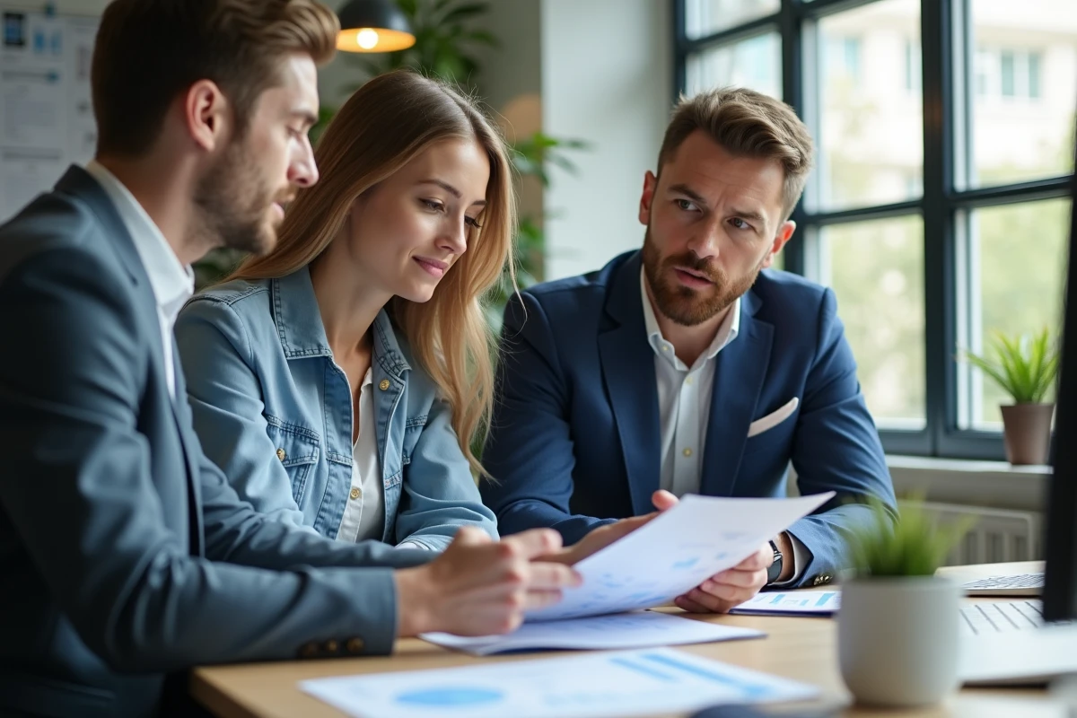 Conseiller financier expliquant les SCPI à un couple lors d'une réunion d'investissement immobilier
