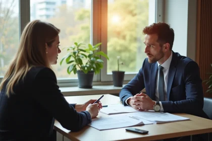 Conseiller financier expliquant les principes des SCPI à des clients dans un bureau moderne